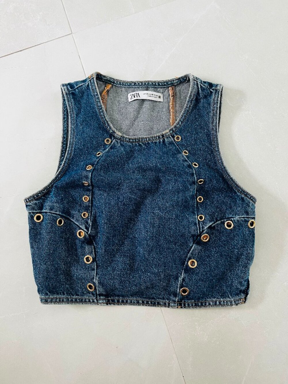 Zara Denim Crop Top with Metallic Grommets (Size XS)